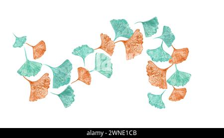 Tourbillon en spirale de feuilles bleues et dorées. Empreintes de feuilles en turquoise, couleurs jaunes. Gingko, feuilles de biloba. Feuilles abstraites Ginkgo. Illustration aquarelle Banque D'Images