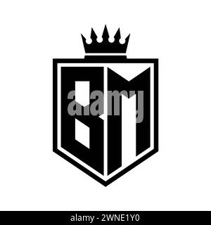 BM lettre logo monogramme gras bouclier de forme géométrique avec contour de couronne modèle de conception de style noir et blanc Banque D'Images