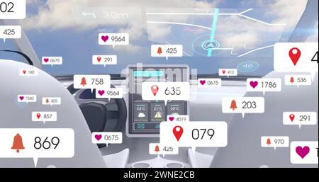 Image d'icônes et de numéros de médias sociaux sur des bannières au-dessus d'une voiture autonome Banque D'Images