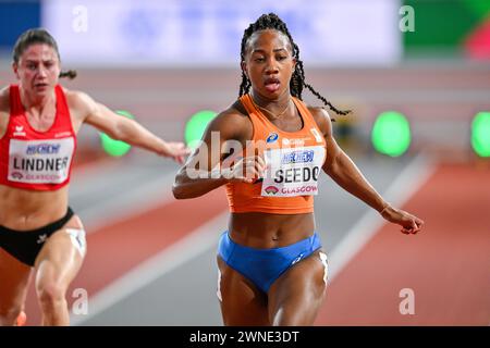 Glasgow, Royaume-Uni. 02 mars 2024. GLASGOW, ROYAUME-UNI - 2 MARS : N'Ketia Seedo des pays-Bas en compétition sur le 60m féminin lors de la deuxième journée des Championnats du monde d'athlétisme en salle Glasgow 2024 à l'Emirates Arena le 2 mars 2024 à Glasgow, Royaume-Uni. (Photo par Andy Astfalck/BSR Agency) crédit : BSR Agency/Alamy Live News Banque D'Images