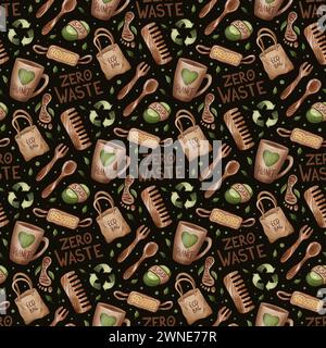Modèle sans couture de style de vie zéro déchet avec lettrage sur fond sombre. Écologique, recycler et réutiliser des objets isolés : sac écologique, bois, propre tasse, Banque D'Images