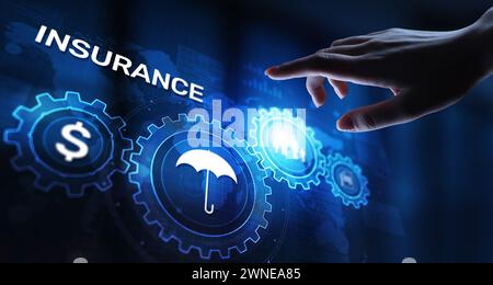 Assurance, santé voiture familiale argent Voyage Insurtech concept sur écran virtuel. Banque D'Images