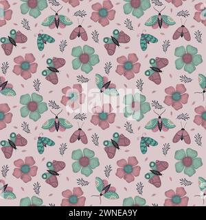 Papillons colorés, mites et fleurs sur fond rose. Motif sans couture avec floral Banque D'Images