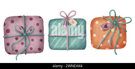 Boîtes-cadeaux de dessin animé enveloppées dans du papier et attachées avec ruban, ensemble de symboles de vacances Banque D'Images