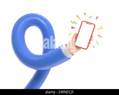 Icône de geste de dessin animé Mockup.3d main touchant smartphone. Icône de dessin animé ou maquette de l'utilisation d'un téléphone mobile, rendu 3D sur fond blanc.long Arms conc Banque D'Images