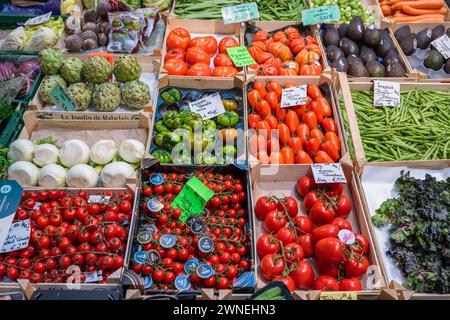 Etagère de marché avec une large gamme de légumes locaux et exotiques dans la Markthalle Stuttgart, Bade-Wuerttemberg, Allemagne Banque D'Images