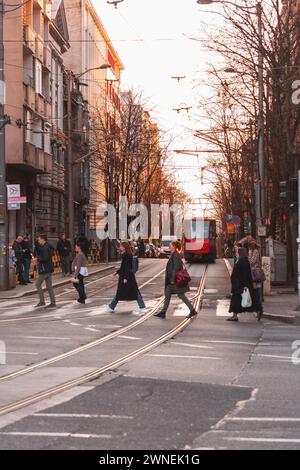 Belgrade, Serbie - 8 février 2024 : le système de tramway de Belgrade est un réseau à écartement de 1000 mm qui, en 2021, comptait 12 itinéraires sur 43,5 kilomètres de voie en B. Banque D'Images