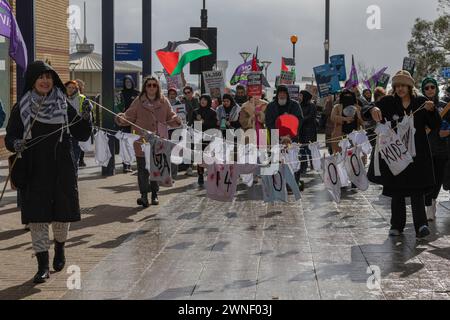 Southend on Sea, Royaume-Uni. 2 mars 2024. Les manifestants défilent dans Southend-on-Sea en solidarité avec la Palestine, arborant des vêtements et des drapeaux symboliques. La chaussée mouillée et les vêtements d'hiver suggèrent le temps froid. Les manifestants portent des banderoles, des pancartes et une corde à linge de vêtements numérotés faisant référence aux victimes ou aux statistiques. Les manifestants organisent une marche et un rassemblement le long de la rue principale pour appeler à un cessez-le-feu à Gaza. Penelope Barritt/Alamy Live News Banque D'Images