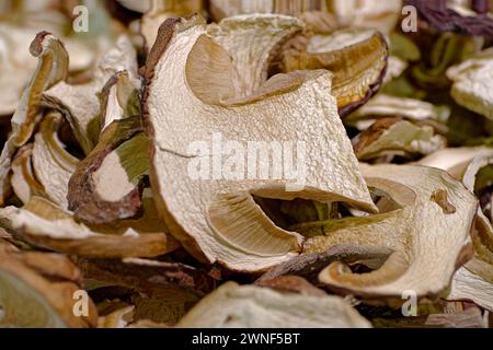 Beaucoup de champignons porcini tranchés séchés, gros plan, fond de nourriture abstrait Banque D'Images