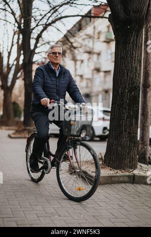 Homme senior actif chevauchant un vélo dans une rue de la ville en tenue décontractée. Banque D'Images