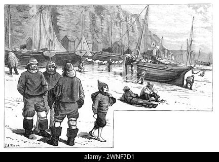 Pêcheurs sur la plage de Hastings ; 19ème siècle ; illustration en noir et blanc de 'notre propre pays' un guide descriptif, historique et pictural du Royaume-Uni publié à la fin des années 1880 par Cassell, Petter, Galpin & Co. Photos historiques de Briatin. Banque D'Images