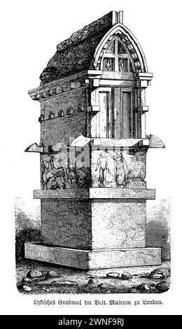 Le Tombeau de Payava - tombeau grec calcaire avec sculptures en relief, inscriptions lyciennes et un toit à pignon, maintenant au British Museum.ce tombeau, datant de l'Antiquité (375BC-362BC), présente les inscriptions lyciennes distinctives, offrant un aperçu de la langue et des coutumes d'une civilisation qui a prospéré en harmonie avec les influences grecques et indigènes anatoliennes. Le toit à pignons de la tombe, caractéristique de l'architecture lycienne, couronne la structure, symbolisant le mélange de styles architecturaux qui caractérisait la région. Banque D'Images