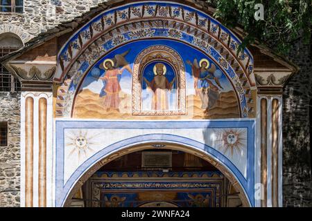 Détails d'une fresque d'entrée du monastère de Rila. Sofia, Bulgarie, Europe du Sud-est. Banque D'Images