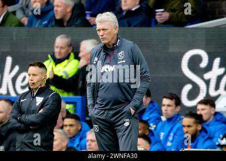 Liverpool, Royaume-Uni. 02 mars 2024. David Moyes, le directeur de West Ham, regarde. Premier League match, Everton v West Ham Utd au Goodison Park à Liverpool le samedi 2 mars 2024. Cette image ne peut être utilisée qu'à des fins éditoriales. Usage éditorial exclusif, photo de Chris Stading/Andrew Orchard photographie sportive/Alamy Live News crédit : Andrew Orchard photographie sportive/Alamy Live News Banque D'Images