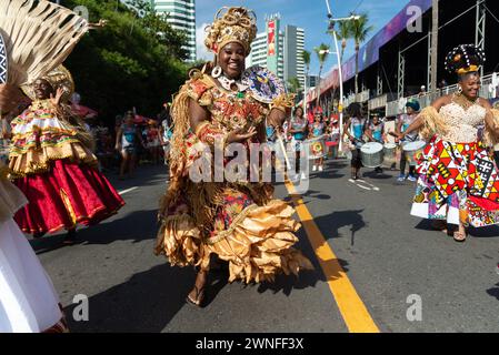 Salvador, Bahia, Brésil - 03 février 2024 : un groupe culturel parcourt pendant le pré-carnaval Fuzue dans la ville de Salvador, Bahia. Banque D'Images