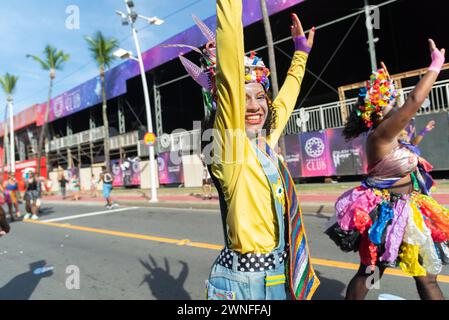 Salvador, Bahia, Brésil - 03 février 2024 : un groupe culturel parcourt pendant le pré-carnaval Fuzue dans la ville de Salvador, Bahia. Banque D'Images