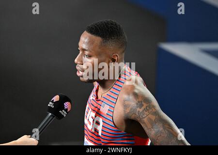 Grant Holloway remporte son Heat n le 60 m haies pour les hommes aux championnats du monde d'athlétisme en salle, Glasgow 2 mars 2024 Banque D'Images