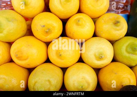 Détail de l'étal de fruits au marché en plein air de Marrakech, Maroc. Place du marché Jema El Fna. Citron Banque D'Images