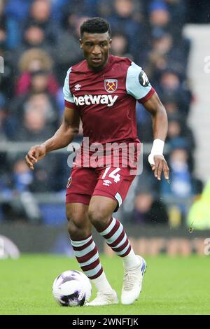 Liverpool, Royaume-Uni. 02 mars 2024. Mohammed Kudus de West Ham United. Premier League match, Everton v West Ham Utd au Goodison Park à Liverpool le samedi 2 mars 2024. Cette image ne peut être utilisée qu'à des fins éditoriales. Usage éditorial exclusif, photo de Chris Stading/Andrew Orchard photographie sportive/Alamy Live News crédit : Andrew Orchard photographie sportive/Alamy Live News Banque D'Images