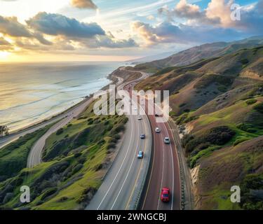 Une perspective aérienne d'une autoroute serpentant le long de la côte, avec le vaste océan qui s'étend le long de celle-ci. Banque D'Images