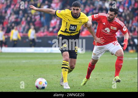 Berlin, Allemagne. 02 mars 2024. 2 mars 2024 : Emre Can (23) du Borussia Dortmund et Kevin Volland (10) du 1.FC Union Berlin pendant le match Bundesliga - 1. FC Union Berlin contre Borussia Dortmund - an Der Alten Foersterei. Berlin, Allemagne. (Ryan Sleiman /SPP) crédit : photo de presse SPP Sport. /Alamy Live News Banque D'Images