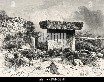 Taula de Trepucó. Stonehenge-esque monument en pierre construit par la culture talaïotique entre 500 av. J.-C. et 300 av. J.-C. Minorque. Îles Baléares, Espagne. Voyage aux Baléares Minorque et Cabrera 1888 par Gaston Charles Vuillier (1845 - 1915) le Tour du monde 1890 Banque D'Images