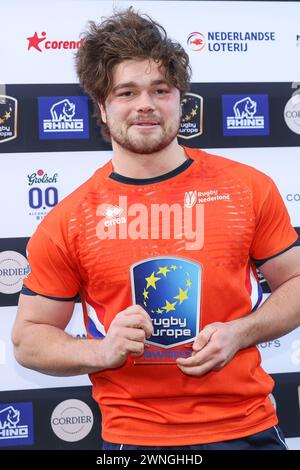 AMSTERDAM, PAYS-BAS - MARS 02 : joueur le plus précieux Wolf van Dijk joueur d'Agronomia Rugby (PT) lors du Championshi international de Rugby Europe Banque D'Images