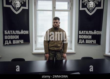 Kiev, Ukraine. 10 février 2024. © Adrien Vautier/le Pictorium/MAXPPP - Kiev 10/02/2024 Adrien Vautier/le Pictorium - 10/02/2024 - Ukraine/Kiev - Sergei Filimonov, commandant du bataillon -Da Vinci Wolves-. Kiev, le 10 fevrier 2024. - Valeurs ACtuelles Out, JDD Out, No JDD, RUSSIA OUT, NO RUSSIA #norussia/10/02/2024 - Ukraine/Kiev - Sergei Filimonov, commandant du bataillon Da Vinci Wolves. Kiev, le 10 février 2024. Crédit : MAXPPP/Alamy Live News Banque D'Images