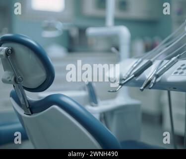 Vue détaillée d'un fauteuil dentaire avec divers outils dentaires affichés et prêts à l'emploi dans un cadre clinique. Banque D'Images