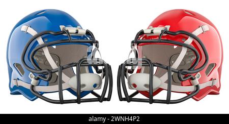Casques de football américain, rouge et bleu. Rendu 3D isolé sur fond blanc Banque D'Images