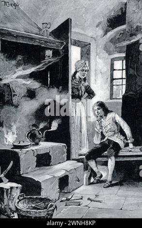 WATT DÉCOUVRANT LA PUISSANCE DE LA VAPEUR.—C'est une conception nouvelle et jolie de l'histoire souvent racontée. C'est quand James Watt (1736-1819), inventeur de la machine à vapeur, n'était qu'un garçon, qu'il a pris l'idée de faire travailler la vapeur pour l'homme. Sa sœur aînée dit qu'elle l'a vu près du feu dans leur maison de campagne, regardant la bouilloire bouillonnante avec son couvercle dansant, et s'émerveillant de sa force vigoureuse. Banque D'Images