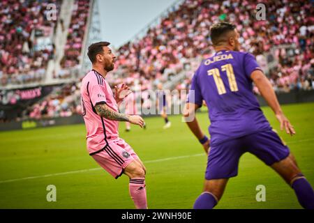 Fort Lauderdale, Floride, États-Unis. 2 mars 2024. 10-Lionel Messi de l'Inter Miami, 11 - M. Oieda Orlando City pendant le match Orlando City SC vs Inter Miami CF au CHASE Stadium en Floride, USA. Credit:Yaroslav Sabitov/YES Market Media/Alamy Live News. Banque D'Images