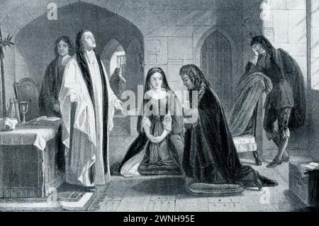 La légende du début des années 1900 se lit comme suit : « LORD RUSSELL RECEVANT LE DERNIER SACREMENT AVANT SON EXÉCUTION. — Pendant le règne de Charles Ier, Lord James Russell et plusieurs autres membres dirigeants du parti opposé au roi ont été accusés d'être engagés dans le « complot de Rye-House » contre le gouvernement. Russell, bien que probablement innocent, a été condamné et exécuté, rencontrant la mort avec le calme d'un vrai chrétien. Sa jeune et profondément aimée épouse a lutté dur pour le sauver, et lui a tenu compagnie jusqu'à la fin." William Russell, Lord Russell (1639-1683) était un homme politique anglais. Il était un membre dirigeant Banque D'Images