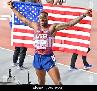 Glasgow, Écosse, Royaume-Uni. 02 mars 2024. Grant HOLLOWAY (États-Unis) remporte la finale masculine du 60 m haies lors des Championnats du monde d'athlétisme en salle à l'Emirates Arena, Glasgow, Écosse, Royaume-Uni. Crédit : LFP/Alamy Live News Banque D'Images