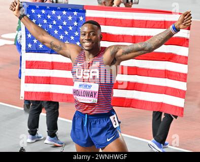 Glasgow, Écosse, Royaume-Uni. 02 mars 2024. Grant HOLLOWAY (États-Unis) remporte la finale masculine du 60 m haies lors des Championnats du monde d'athlétisme en salle à l'Emirates Arena, Glasgow, Écosse, Royaume-Uni. Crédit : LFP/Alamy Live News Banque D'Images