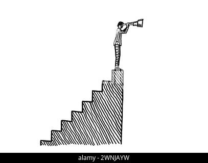 Dessin au stylo à main levée d'un homme d'affaires debout au sommet d'une volée de marches et regardant à travers un spyglass. Métaphore de l'aspiration, de la vision, de la prévoyance Banque D'Images