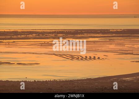 Lever de soleil sur la baie de Fangar et le delta de l'Èbre vu du parc éolien Baix Ebre (Tarragone, Catalogne, Espagne) ESP : Amanecer sobre la Bahía del Fangar Banque D'Images