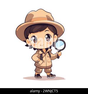 Explorateur garçon mignon dans la tenue de safari avec illustration vectorielle loupe Illustration de Vecteur