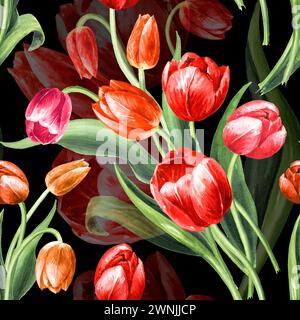 Tulipes rouges. Motif sans couture d'aquarelle dessiné à la main Banque D'Images