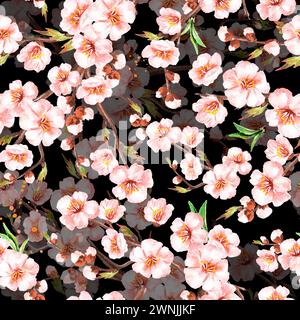 Fleurs florissantes printanières. Motif sans couture d'aquarelle dessiné à la main sur le fond noir Banque D'Images