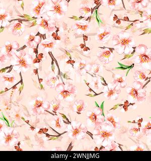 Fleurs florissantes printanières. Motif sans couture d'aquarelle dessiné à la main Banque D'Images