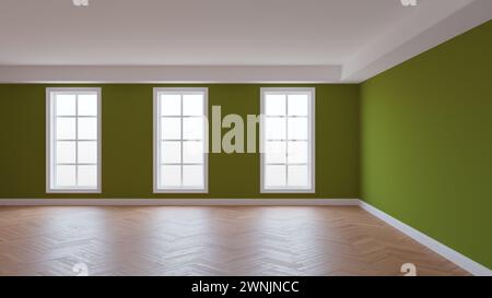 Intérieur avec murs kaki, plafond blanc et corniche, trois grandes fenêtres, parquet à chevrons et un socle blanc. Beau concept de la R Banque D'Images