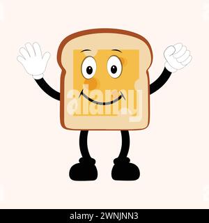 Happy Bread Slice Cartoon Mascot Character, Funny Sandwich Cartoon Vintage Bread Character rétro style Bread logo illustration vectorielle 60s 70s. Illustration de Vecteur