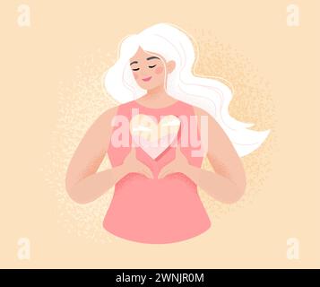 Concept de cœur ouvert. Femme heureuse garder les mains au cœur se sentir reconnaissante et reconnaissante. Illustration vectorielle dans un style plat Illustration de Vecteur