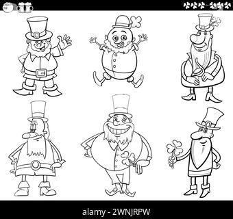 Cartoon noir et blanc Illustration de caractères Leprechaun et Saint Patrick Day Livre à colorier Jeu de thèmes Illustration de Vecteur