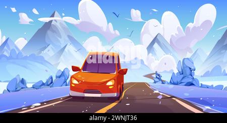 Voiture rouge route asphaltée au milieu de prairies enneigées avec des buissons et des arbres menant aux montagnes en hiver. Paysage de saison froide de dessin animé avec avant v Illustration de Vecteur