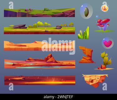 Éléments ui de jeu ensemble avec plate-forme flottante au sol avec de l'herbe verte, désert fissuré de sable, volcanique avec surface de lave, roches et gemme, cœur et plante Illustration de Vecteur