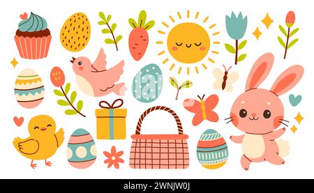 Ensemble de Pâques mignon. Collection printanière d'animaux, de fleurs et de décorations. Pour affiche, carte, scrapbooking, autocollants Illustration de Vecteur