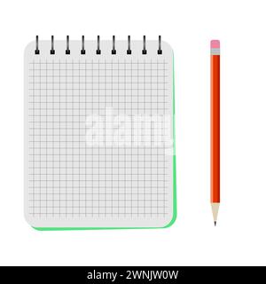 Cahier vectoriel avec un crayon rouge sur fond blanc Illustration de Vecteur