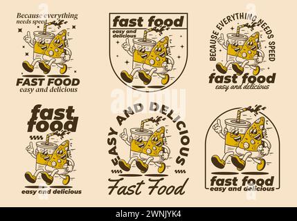 Restauration rapide, facile et délicieux. Illustration de personnage de mascotte de courir pizza et boisson non alcoolisée Illustration de Vecteur